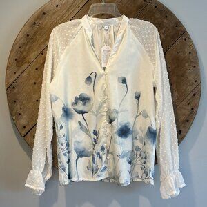 Made with Love white buttoned-down blouse with blue flowers puffy sleeves-M